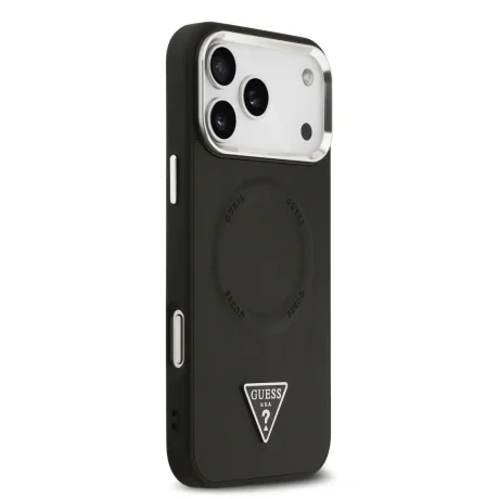Husă spate Guess din piele PU cu logo triunghiular MagSafe pentru iPhone 17 Pro, neagră