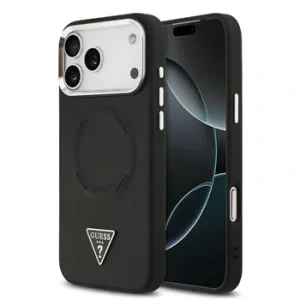 Husă spate Guess din piele PU cu logo triunghiular MagSafe pentru iPhone 17 Pro, neagră