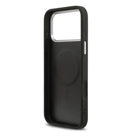 Husă spate Guess din piele PU cu logo triunghiular MagSafe pentru iPhone 17 Pro, neagră