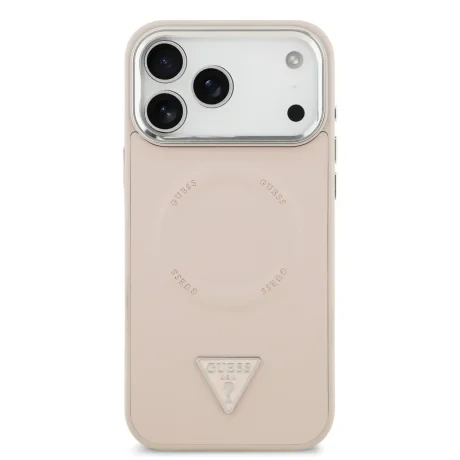 Husă spate Guess din piele PU cu logo triunghiular MagSafe pentru iPhone 17 Pro, roz