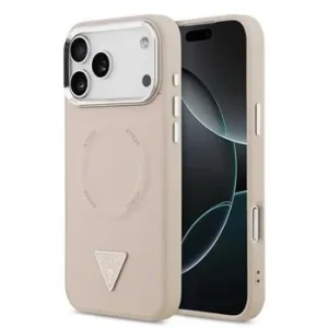 Husă spate Guess din piele PU cu logo triunghiular MagSafe pentru iPhone 17 Pro, roz