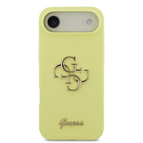 Husa spate Guess din silicon lichid 4G cu logo metalic pentru iPhone Air, galbenă