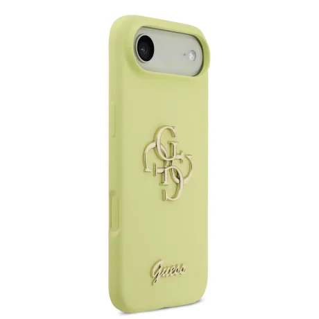 Husa spate Guess din silicon lichid 4G cu logo metalic pentru iPhone Air, galbenă