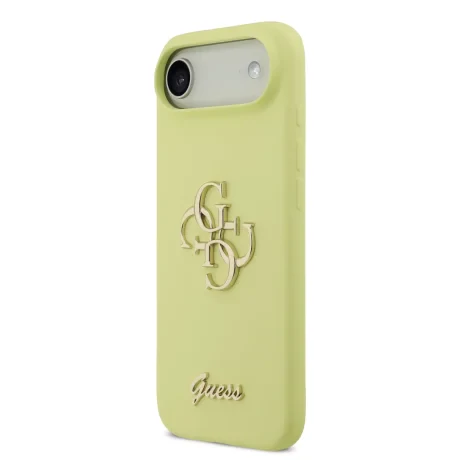 Husa spate Guess din silicon lichid 4G cu logo metalic pentru iPhone Air, galbenă
