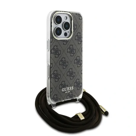 Husă spate Guess IML 4G cu imprimeu crossbody pentru iPhone 16 Pro, maro