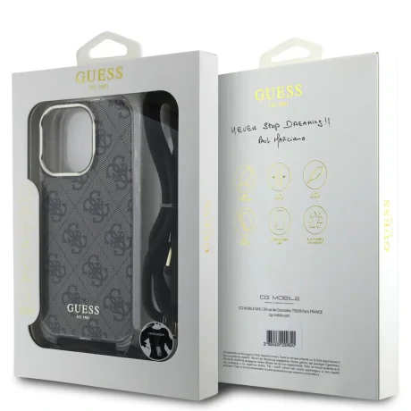 Husă spate Guess IML 4G cu imprimeu crossbody pentru iPhone 16 Pro, maro