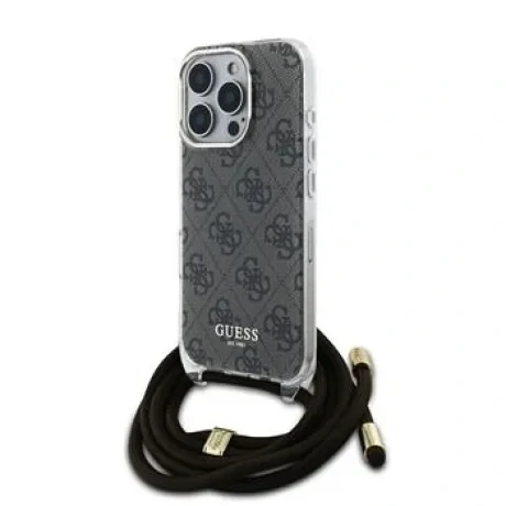 Husă spate Guess IML 4G cu imprimeu crossbody pentru iPhone 16 Pro, maro