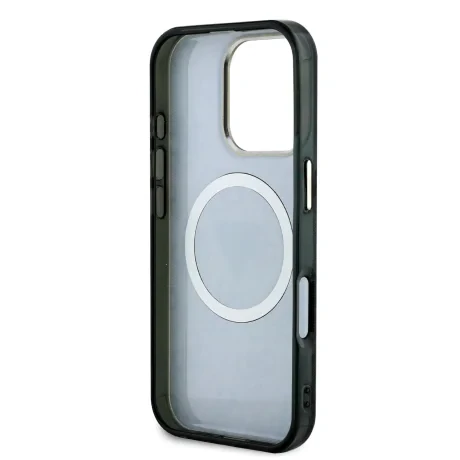 Husă spate Guess IML 4G MagSafe cu sclipici și logo triunghi pentru iPhone 16 Pro Max, neagră