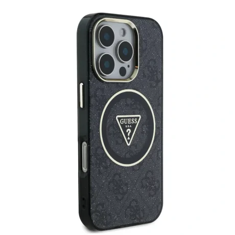 Husă spate Guess IML 4G MagSafe cu sclipici și logo triunghi pentru iPhone 16 Pro Max, neagră
