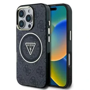 Husă spate Guess IML 4G MagSafe cu sclipici și logo triunghi pentru iPhone 16 Pro Max, neagră