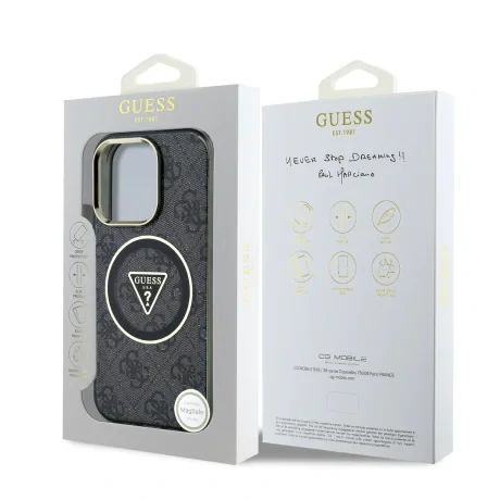 Husă spate Guess IML 4G MagSafe cu sclipici și logo triunghi pentru iPhone 16 Pro Max, neagră