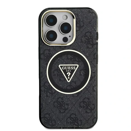 Husă spate Guess IML 4G MagSafe cu sclipici și logo triunghi pentru iPhone 16 Pro Max, neagră