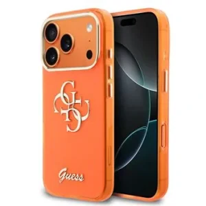 Husa spate Guess IML 4G Script Metal Logo pentru iPhone 17 Pro, portocalie