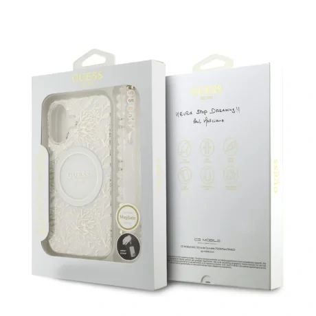 Husa spate Guess IML Flowers Allover Strap MagSafe pentru iPhone 17, albă