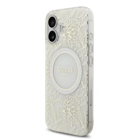 Husa spate Guess IML Flowers Allover Strap MagSafe pentru iPhone 17, albă