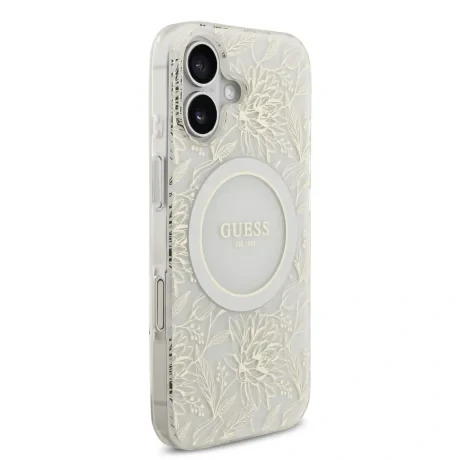 Husa spate Guess IML Flowers Allover Strap MagSafe pentru iPhone 17, albă