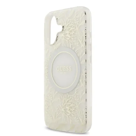 Husa spate Guess IML Flowers Allover Strap MagSafe pentru iPhone 17, albă