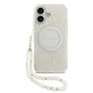 Husa spate Guess IML Flowers Allover Strap MagSafe pentru iPhone 17, albă