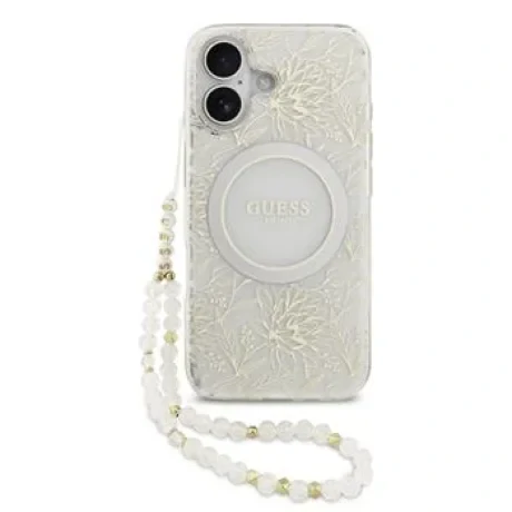 Husa spate Guess IML Flowers Allover Strap MagSafe pentru iPhone 17, albă