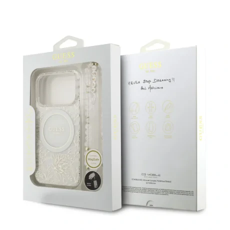 Husa spate Guess IML Flowers Allover Strap MagSafe pentru iPhone 17 Pro, albă