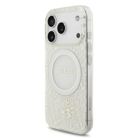 Husa spate Guess IML Flowers Allover Strap MagSafe pentru iPhone 17 Pro, albă