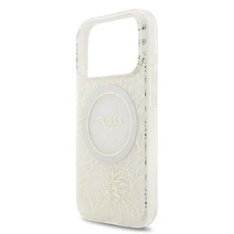 Husa spate Guess IML Flowers Allover Strap MagSafe pentru iPhone 17 Pro, albă