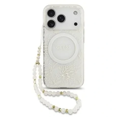 Husa spate Guess IML Flowers Allover Strap MagSafe pentru iPhone 17 Pro, albă