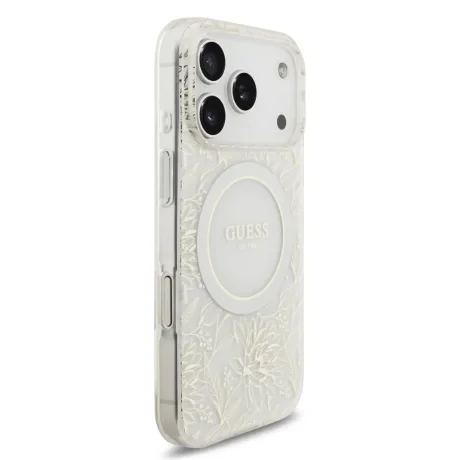 Husa spate Guess IML Flowers Allover Strap MagSafe pentru iPhone 17 Pro, albă