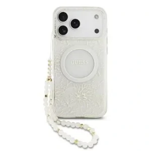 Husa spate Guess IML Flowers Allover Strap MagSafe pentru iPhone 17 Pro Max, albă