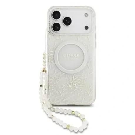 Husa spate Guess IML Flowers Allover Strap MagSafe pentru iPhone 17 Pro Max, albă