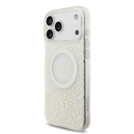 Husa spate Guess IML Flowers Allover Strap MagSafe pentru iPhone 17 Pro Max, albă
