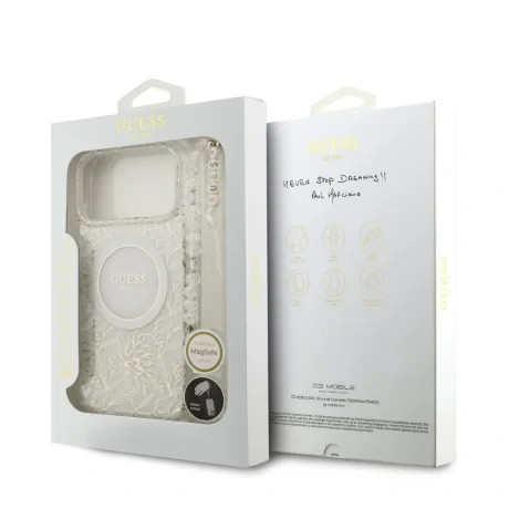 Husa spate Guess IML Flowers Allover Strap MagSafe pentru iPhone 17 Pro Max, albă