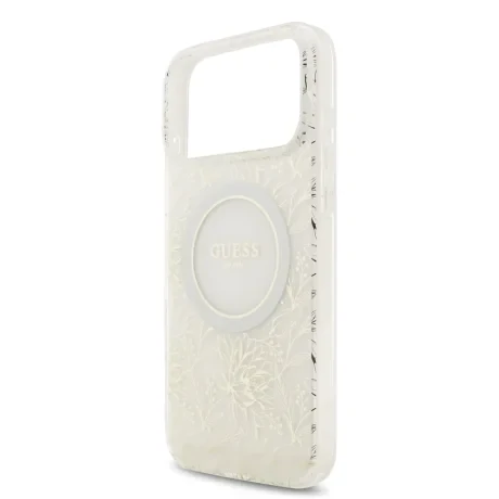 Husa spate Guess IML Flowers Allover Strap MagSafe pentru iPhone 17 Pro Max, albă