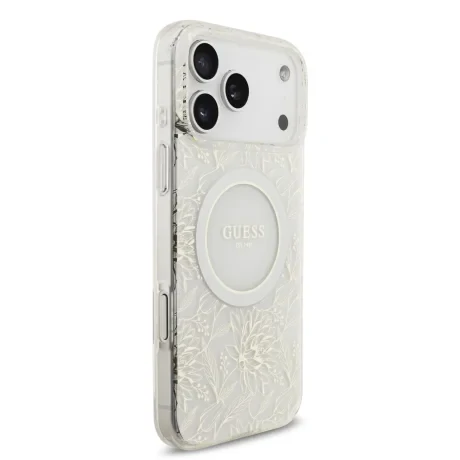 Husa spate Guess IML Flowers Allover Strap MagSafe pentru iPhone 17 Pro Max, albă