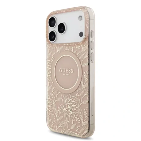 Husă spate Guess IML Flowers Allover Strap MagSafe pentru iPhone 17 Pro Max, roz