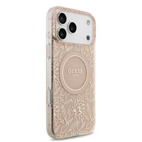 Husă spate Guess IML Flowers Allover Strap MagSafe pentru iPhone 17 Pro Max, roz