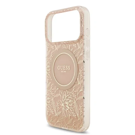 Husă spate Guess IML Flowers Allover Strap MagSafe pentru iPhone 17 Pro Max, roz
