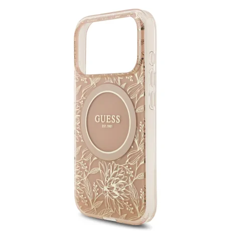 Husa spate Guess IML Flowers Allover Strap MagSafe pentru iPhone 17 Pro, roz