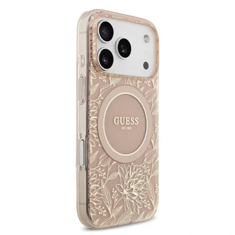 Husa spate Guess IML Flowers Allover Strap MagSafe pentru iPhone 17 Pro, roz