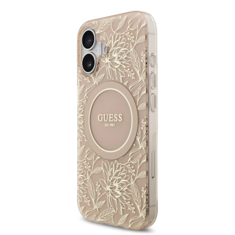 Husa spate Guess IML Flowers Allover Strap MagSafe pentru iPhone 17, roz