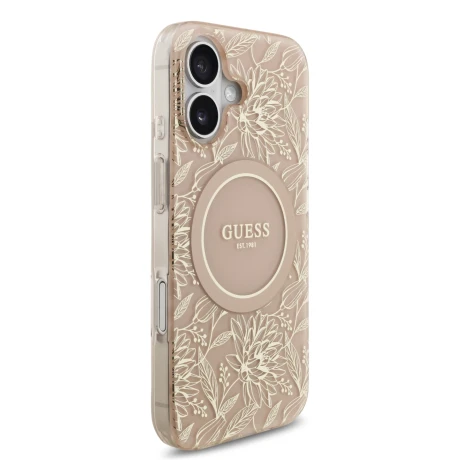 Husa spate Guess IML Flowers Allover Strap MagSafe pentru iPhone 17, roz