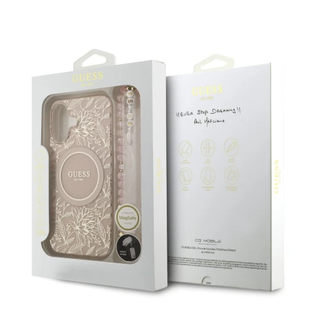 Husa spate Guess IML Flowers Allover Strap MagSafe pentru iPhone 17, roz