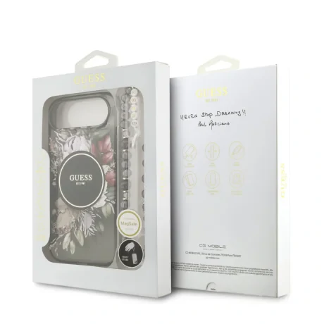 Husa spate Guess IML Flowers Strap MagSafe pentru iPhone Air, neagră