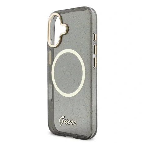 Husa spate Guess IML Glitter Script Strap MagSafe pentru iPhone 17, neagră