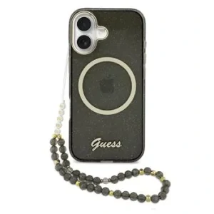 Husa spate Guess IML Glitter Script Strap MagSafe pentru iPhone 17, neagră