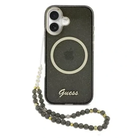 Husa spate Guess IML Glitter Script Strap MagSafe pentru iPhone 17, neagră