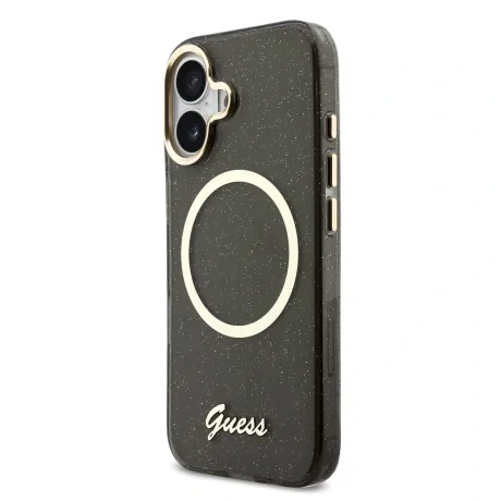 Husa spate Guess IML Glitter Script Strap MagSafe pentru iPhone 17, neagră