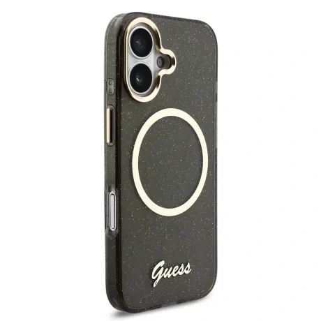 Husa spate Guess IML Glitter Script Strap MagSafe pentru iPhone 17, neagră