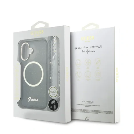 Husa spate Guess IML Glitter Script Strap MagSafe pentru iPhone 17, neagră