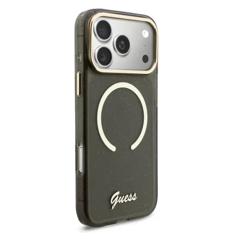 Husa spate Guess IML Glitter Script Strap MagSafe pentru iPhone 17 Pro Max, neagră